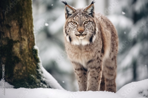 European lynx in a snowy forest in the winter.