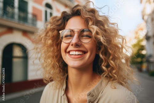 Happy lady with glasses posing on street in city.