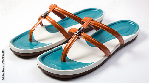 a pair of flip flops with a blue and  white sole