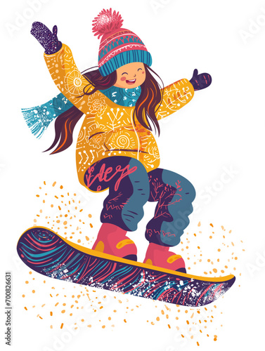 Happy girl in winter outfit on snowboard, vector in minimalism