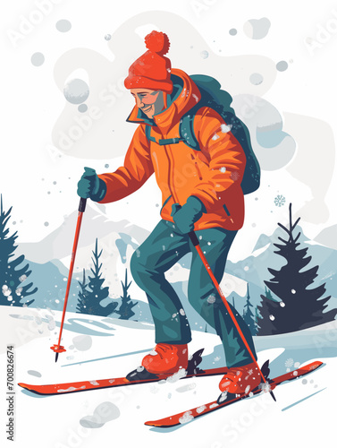 Happy guy in winter skiing, vector in minimalism