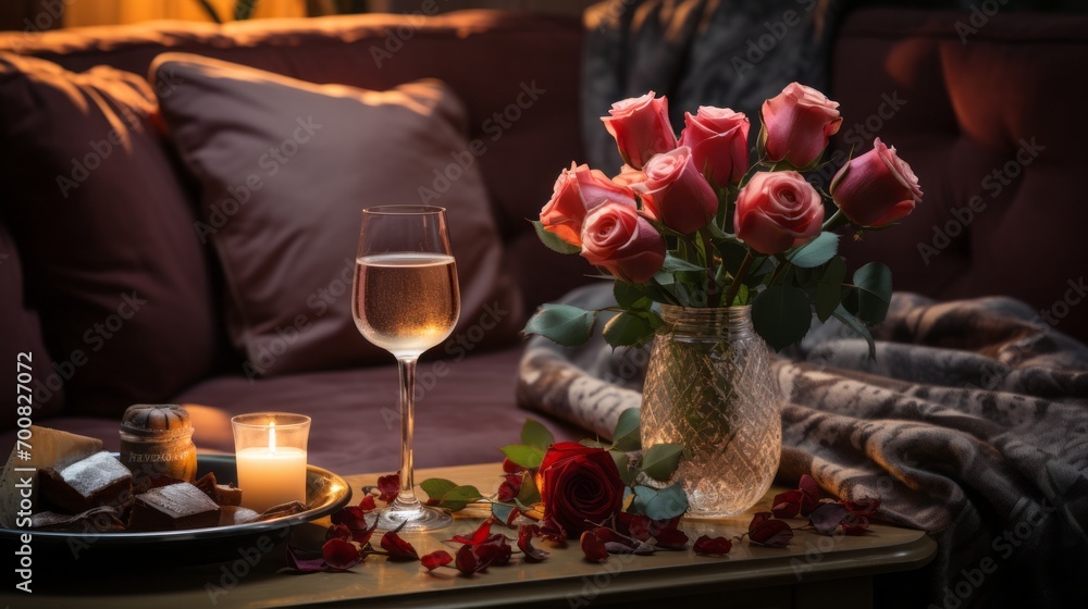 Intimate Bliss: Captivating Couple Embracing Love on a Luxurious Sofa, Savoring Drinks and Roses