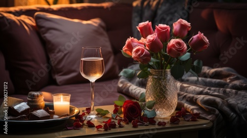 Intimate Bliss  Captivating Couple Embracing Love on a Luxurious Sofa  Savoring Drinks and Roses