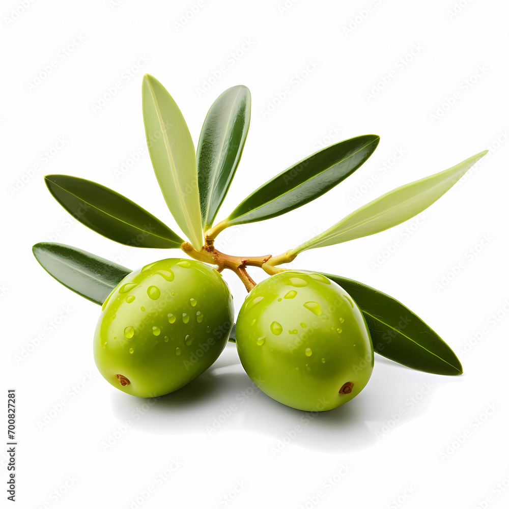 Obraz premium Two olive fruits with leaves