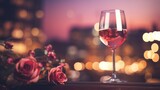 Romantic Bliss: Wine Glass and Rose Bouquet Embrace Amidst Blurry Building Backdrop, Creating Mesmerizing Depth of Field