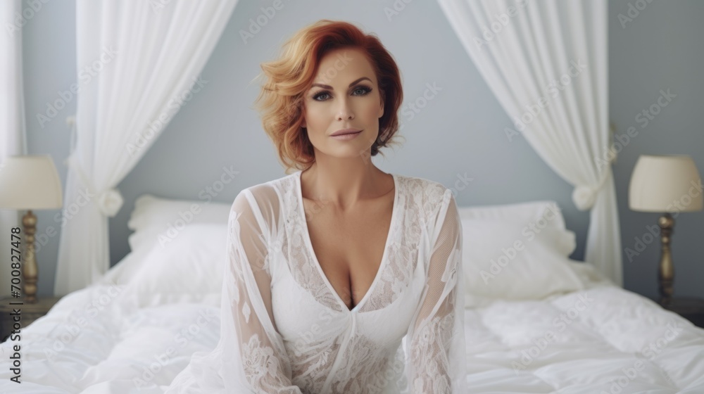 Very attractive mature women posing sitting at her bedroom looking at the camera.Attractive middle aged lady in nightdress lying on bed. Generative AI