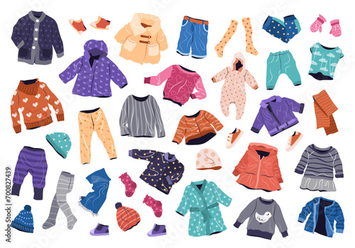 Casual clothes set for kids. Fall and winter fashion garments for boys and girls. Collection of stylish children wearing. isolated flat vector illustrations on white background.