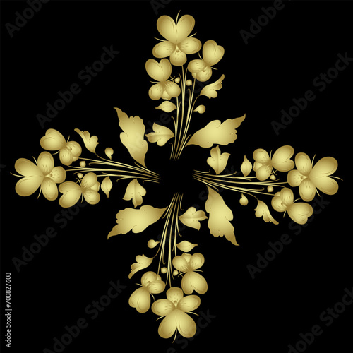 Square cross shape floral ornament with blooming branches of wild pansy or viola tricolor flower. Medieval illuminated manuscript art. Golden glossy silhouette on black background.