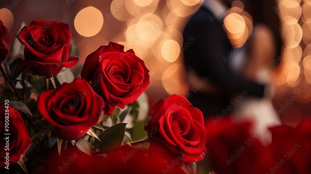 Passionate Love Blossoms: Enchanting Red Roses Frame a Blissful Couple's Tender Kiss Passionate Love Blossoms: Enchanting Red Roses Frame a Blissful Couple's Tender Kiss
