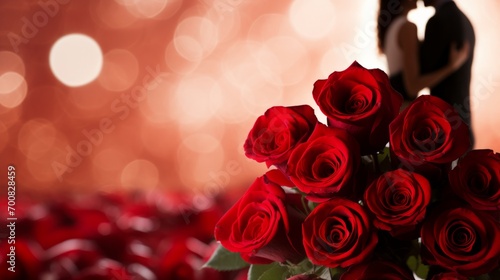 Passionate Love Blossoms  Enchanting Red Roses Frame a Blissful Couple s Tender Kiss