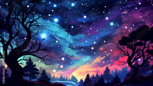 Cartoon silhouette of a star filled sky over the forest  illustration