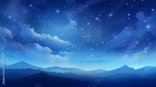 Illustration of a starry sky over a mountain valley  blue and black hues