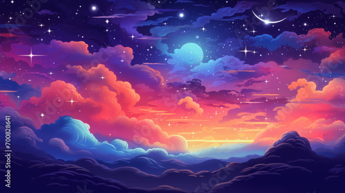 Cartoon illustration background of a sunset giving way to a night time panorama of stars photo