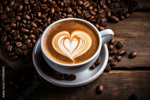 Coffee with foam in the shape of a heart. Background with selective focus and copy space
