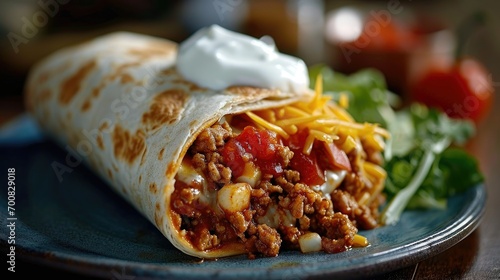 burrito on a blue plate with cheese, salsa and sour cream on top, 