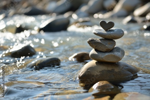 A cairn with a heart-shaped stone on top. Backdrop with selective focus and copy space