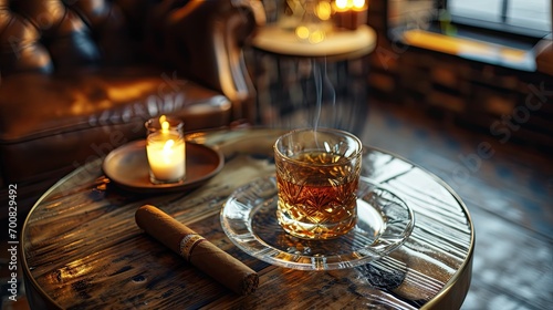 aerial view, one cigar and a glass of liquor on a wooden table, 