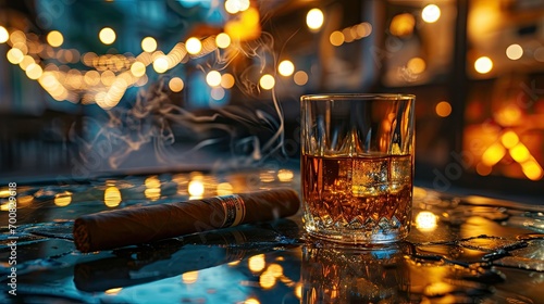 one cigar and a glass of tequila on a glass table,   photo