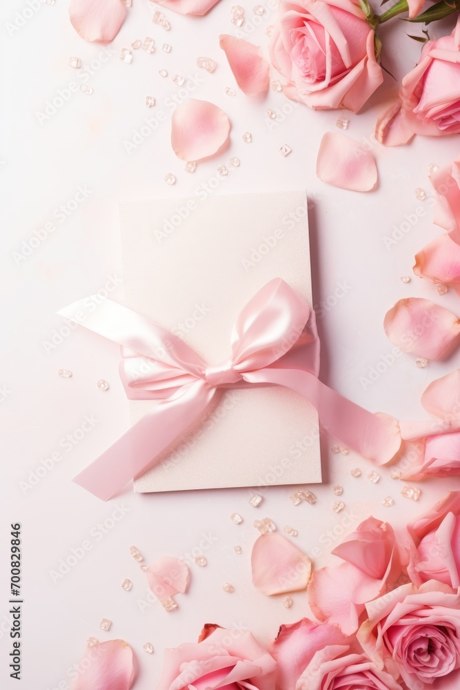 Obraz premium Enchanting Love: Exquisite Valentine's Day Wedding Invitation with Pink and White Roses, Glittering Ribbons, and Perfect Photography