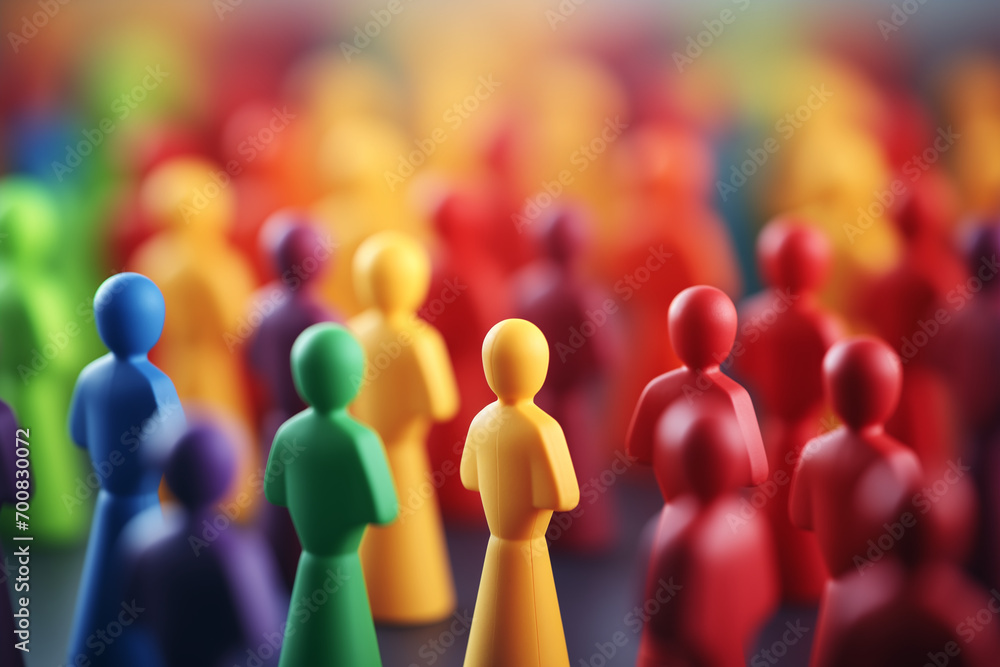A crowd of colorful figurines with selective focus. Diversity equity and inclusion DEI concept. . High quality photo - obrazy, fototapety, plakaty 