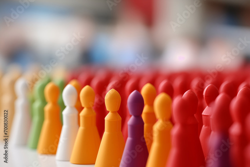 A crowd of colorful figurines with selective focus. Diversity equity and inclusion DEI concept. . High quality photo