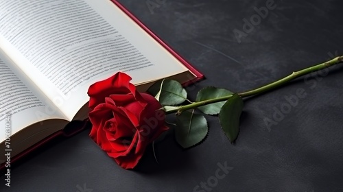 Enchanting Elegance: A Captivating Closeup of a Red Rose Blossoming within the Pages of an Opened Book