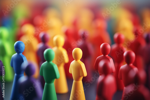 A crowd of colorful figurines with selective focus. Diversity equity and inclusion DEI concept. . High quality photo photo