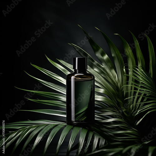 Elegant cosmetic glass bottle among palm leaves with dark moody lighting, ideal for luxury branding. 