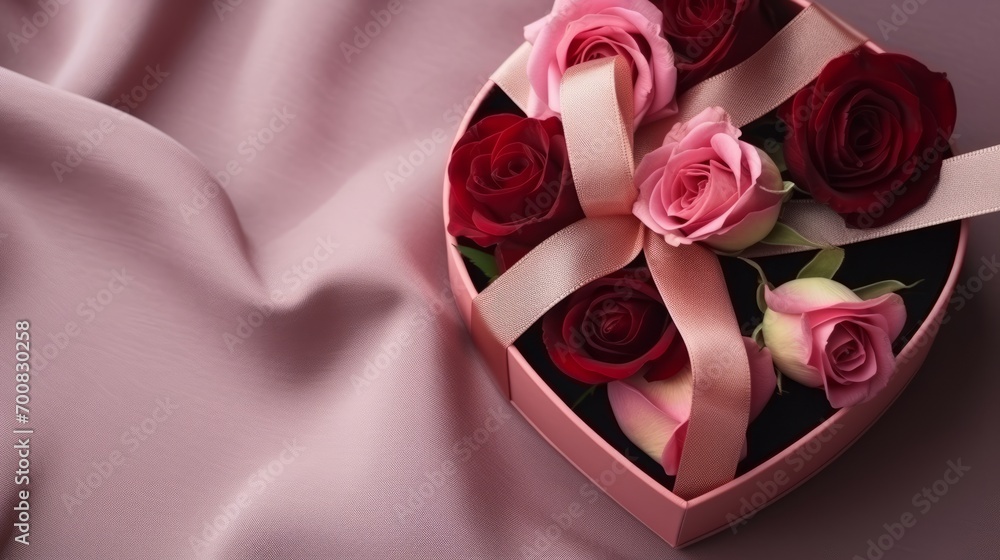 Enchanting Elegance: Luxurious Heart Giftbox on Velvet Fabric, Adorned with Closed Roses - Top View Closeup Shot, Perfect for Daytime Gifting, with Space for Personalized Messages Enchanting Elegance: Luxurious Heart Giftbox on Velvet Fabric, Adorned with Closed Roses - Top View Closeup Shot, Perfect for Daytime Gifting, with Space for Personalized Messages