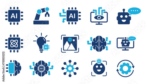 Artificial intelligence icon set. data science, AI, virtual assistant, generative AI, technology. Solid Icons set in trendy style 