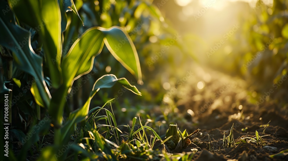 Fototapeta premium Agricultural field with young green corn plants at sunset, close up, corn field 