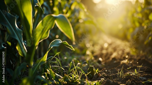 Agricultural field with young green corn plants at sunset, close up, corn field 