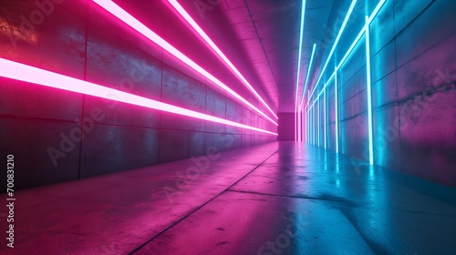 3D rendering of a futuristic corridor with neon lights. Futuristic background