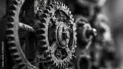 Close up of old rusty gear wheels in black and white tone.