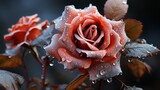 Frozen Elegance: Mesmerizing Rose Enveloped in Glistening Ice on a Mysterious Black Canvas