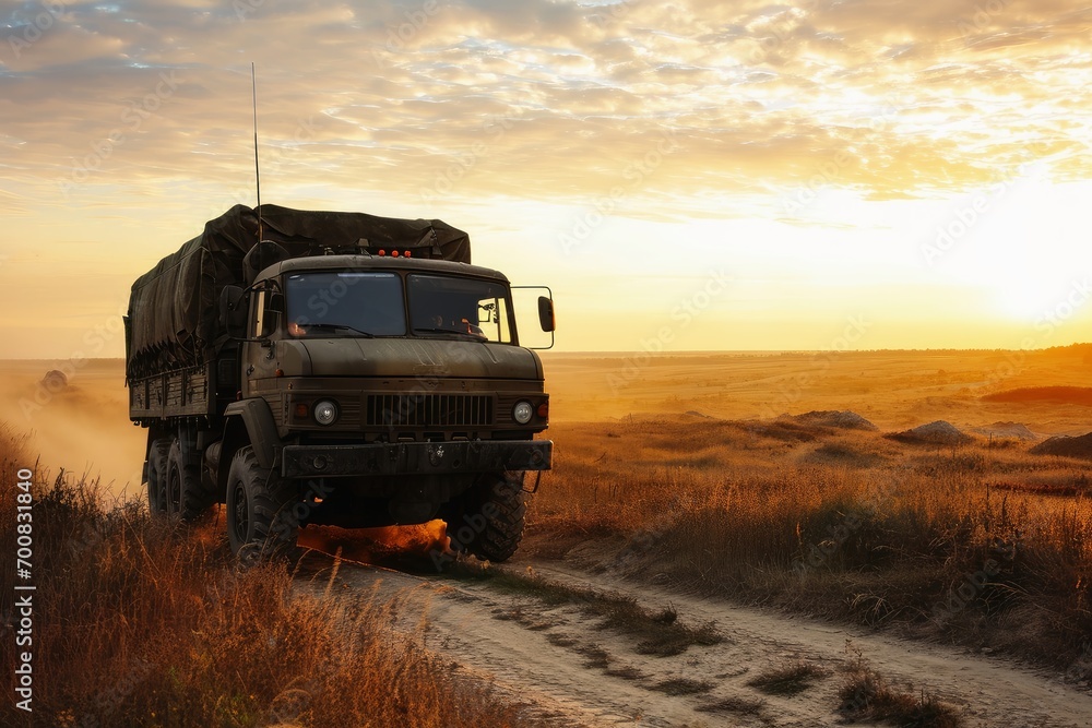 A military truck transporting goods and equipment. A military truck transporting goods and equipment.