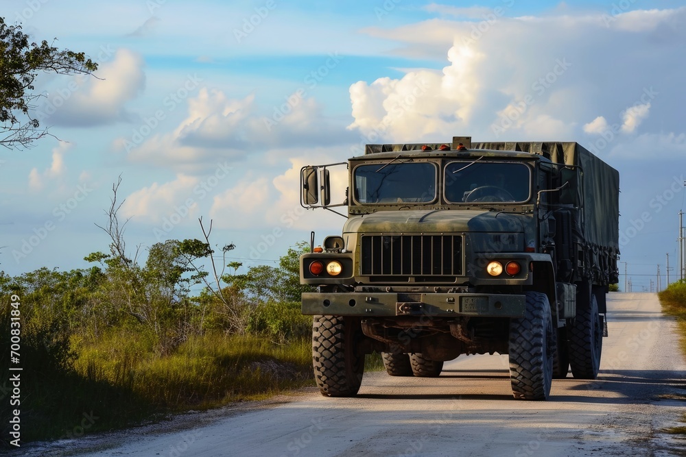 A military truck transporting goods and equipment.