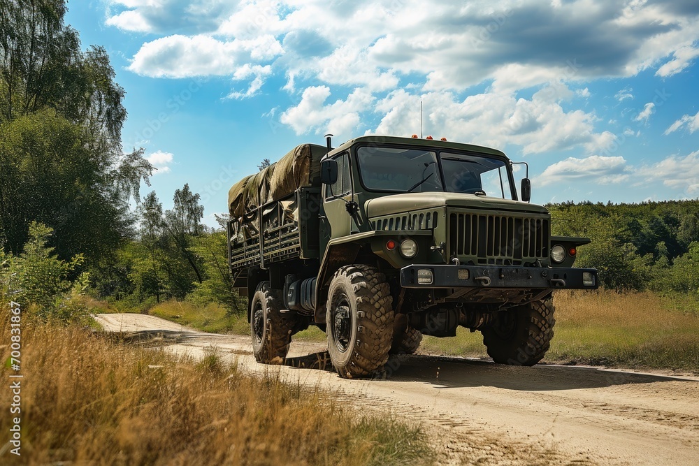 A military truck transporting goods and equipment. A military truck transporting goods and equipment.