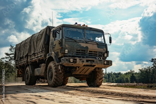 A military truck transporting goods and equipment.