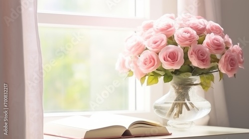 Enchanting Elegance  A Timeless Bouquet of Roses Illuminates a Serene White Desk  Inviting Tranquility and Inspiration by the Window