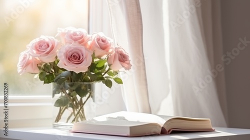 Enchanting Elegance: A Timeless Bouquet of Roses Illuminates a Serene White Desk, Inviting Tranquility and Inspiration by the Window
