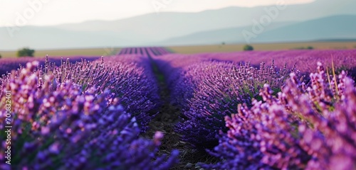 A peaceful lavender farm in the countryside, neon lavender farm purple veins in the rows of lavender, 