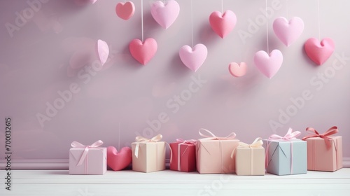 Whimsical Paper Heart Mobile: A Delicate Dance of Love and Joy, Surrounded by Pastel Dreams and a Giftbox of Surprises