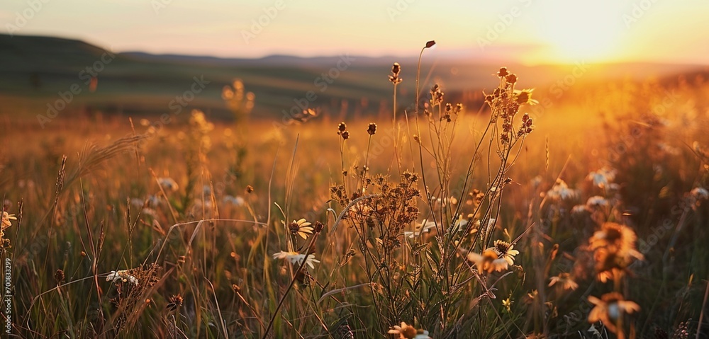 A peaceful prairie at sunset, neon prairie sunset orange veins weaving through the grasses