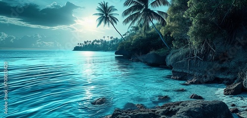 A peaceful tropical bay with neon bay water blue veins in the calm sea