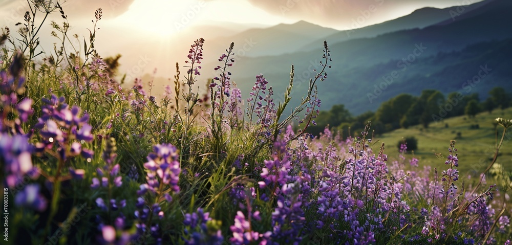 A serene alpine meadow at dusk, neon meadow purple veins in the wildflowers and grass, offering a peaceful monochromatic meadow purple highland view, distant peaks softly blurred - obrazy, fototapety, plakaty 