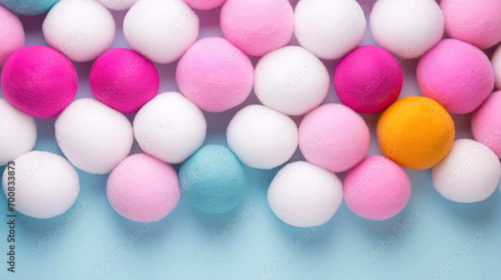 Graphic banner of colorful pastel felt craft pom poms, with copyspace Graphic banner of colorful pastel felt craft pom poms, with copyspace