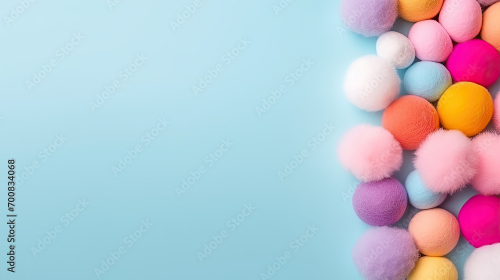 Graphic banner of colorful pastel felt craft pom poms, with copyspace