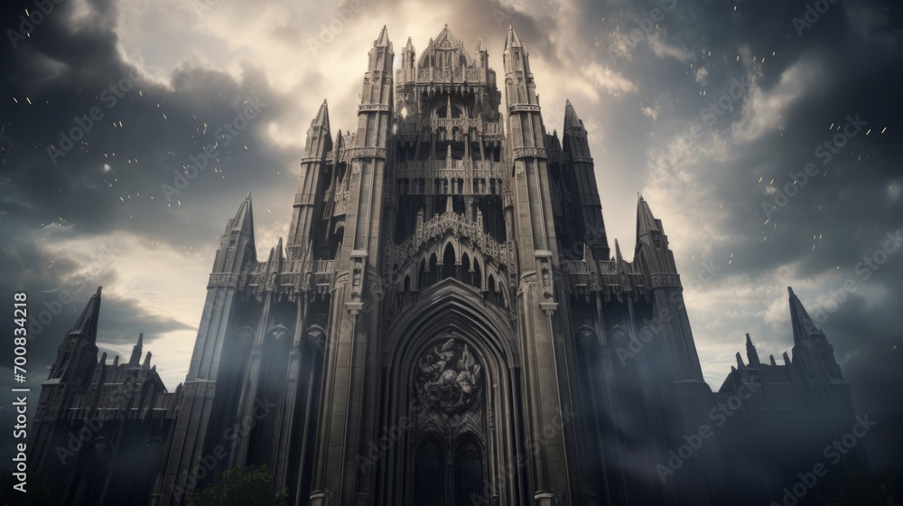 Enigmatic Elegance: Gothic Skyscraper's Intricate Stonework Amidst Moody Sky