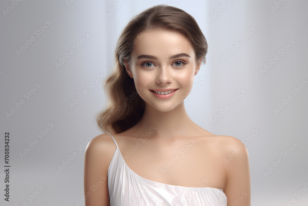 a 3D fashion model gracefully soars against a light gray backdrop. Draped in a long silk gown with chiffon fabric, she embodies creativity in a pure white dress. Generative AI. a 3D fashion model gracefully soars against a light gray backdrop. Draped in a long silk gown with chiffon fabric, she embodies creativity in a pure white dress. Generative AI.